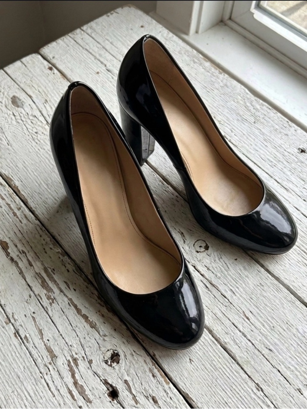 J. Crew Etta Black Patent Round-Toe Block Heel Pumps